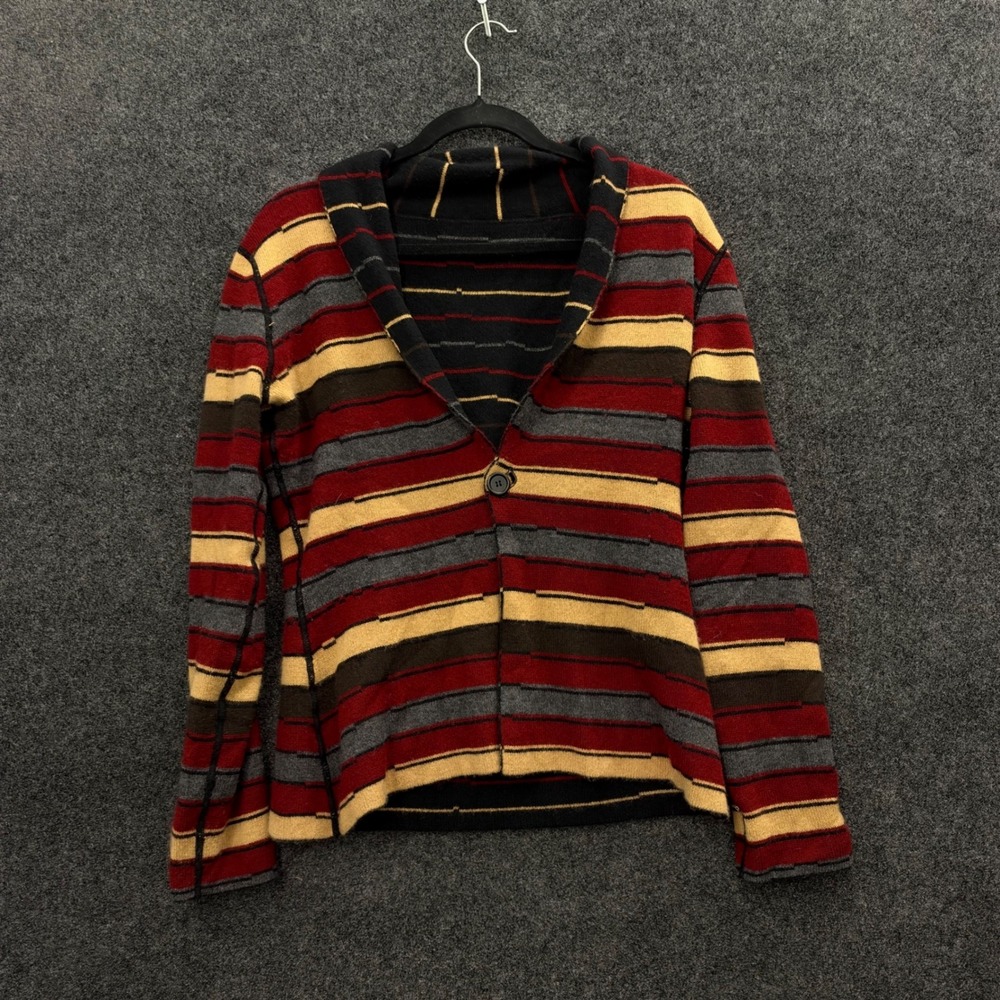 Reversible 100% Cashmere Striped Shawl Collar Cardigan Sweater Red Yellow Grey